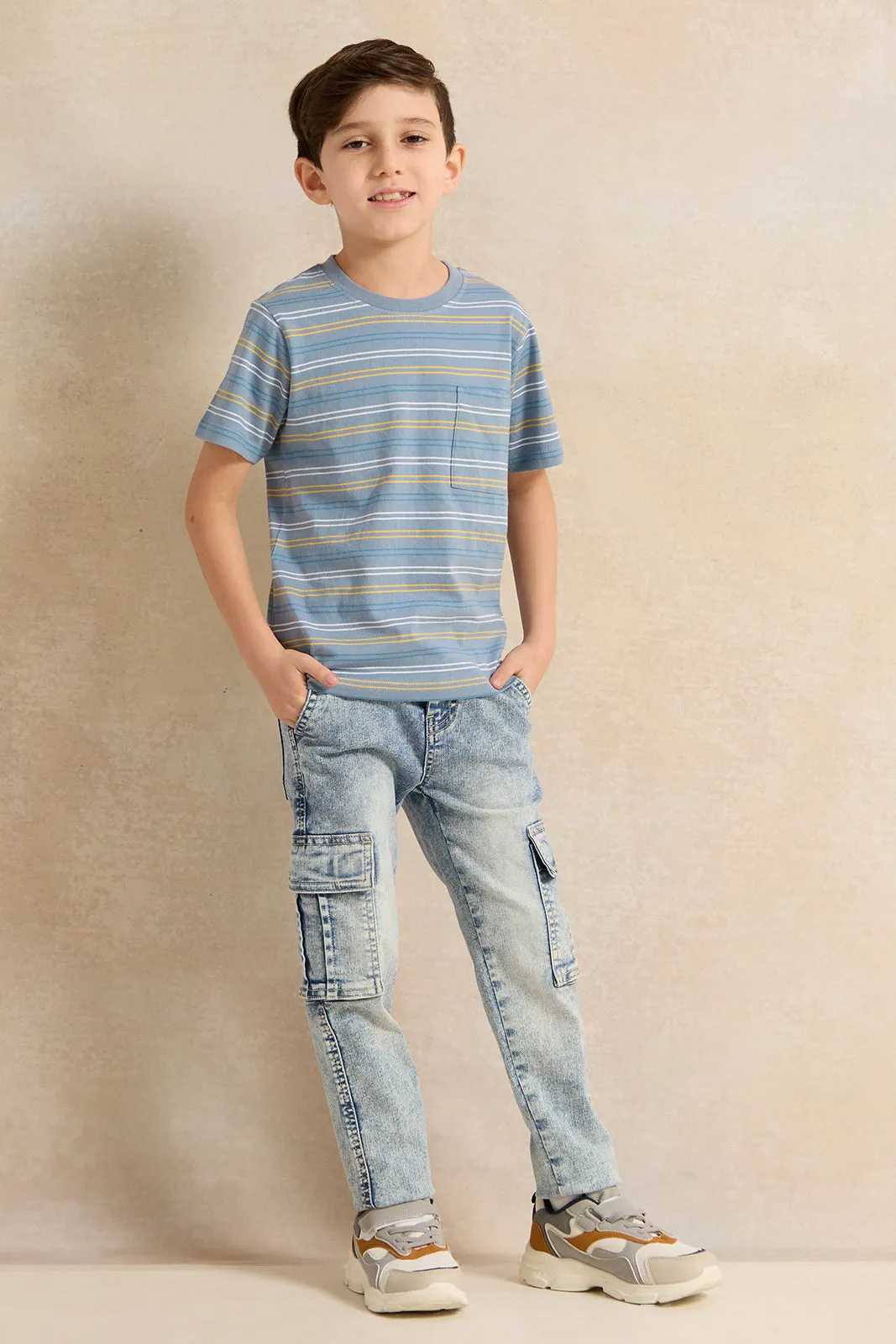 Boys Navy Stripe Short Sleeve T-Shirt